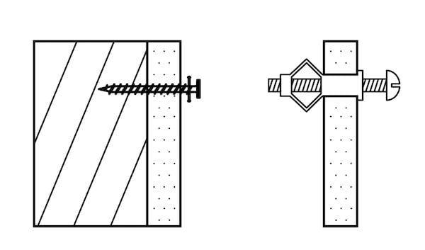 Wall anchors to secure the Medicine Cabinet - Toggle Bolt and Wood Screw shown